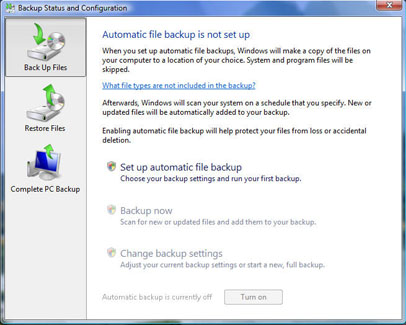  Click the Complete PC Backup option to start the backup wizard