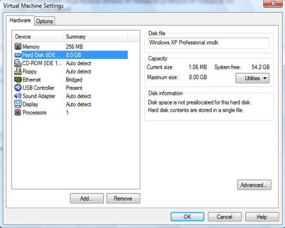 Virtual machine hard drive settings