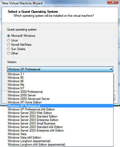 Selecting the Guest operating system