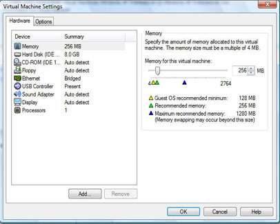 Virtual machine settings window