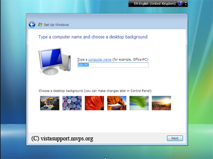 Type a computer name and choose a desktop background screen